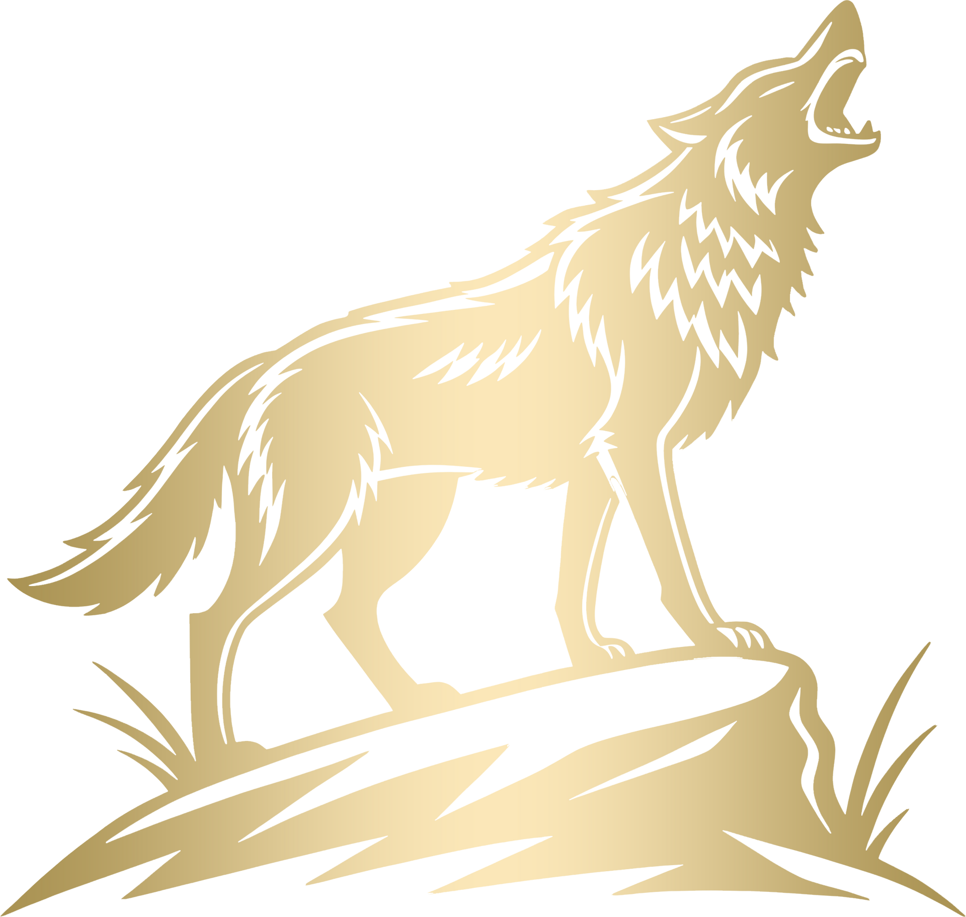 Golden wolf howling atop a rock, set against a white background.