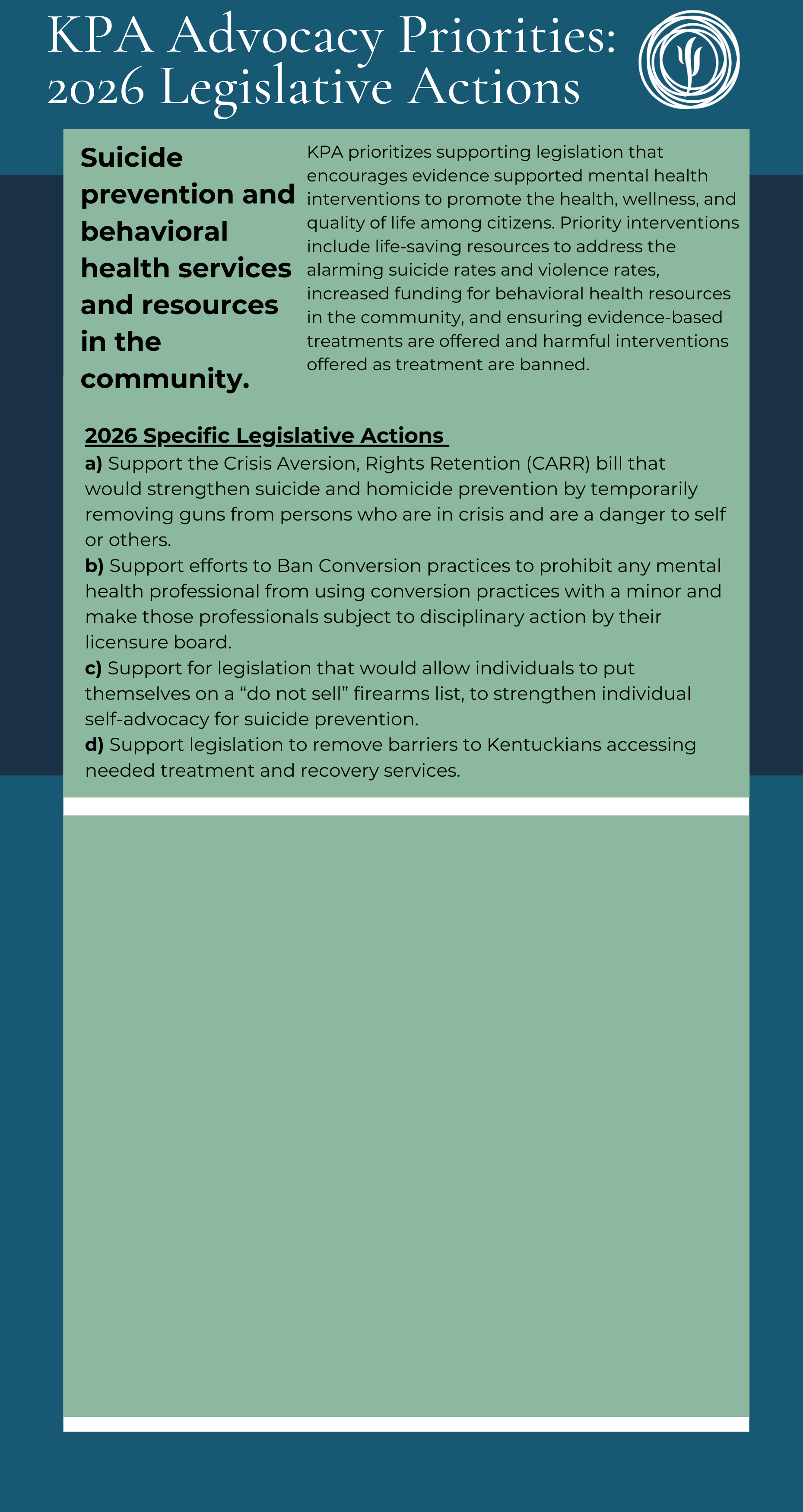 KPA Advocacy Priorities 2025 Legislative Action flyer with teal header, white text, and seal logo.