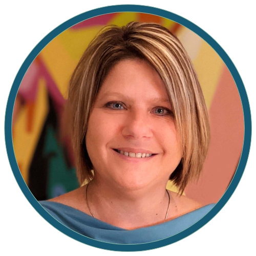 Smiling person in a blue top, framed in a circular teal border against a colorful background