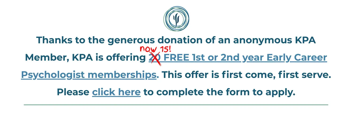 Blue-and-white KPA notice offering a free second or third yearly career psychologist membership, with a click here link
