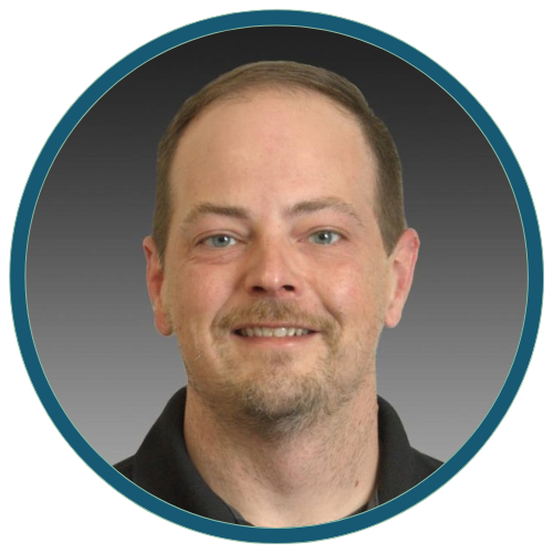 Portrait of a smiling man against a gray background, framed by a teal circular border