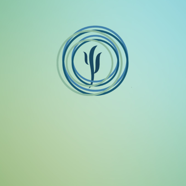 Abstract teal circular logo with concentric rings on a pale green background