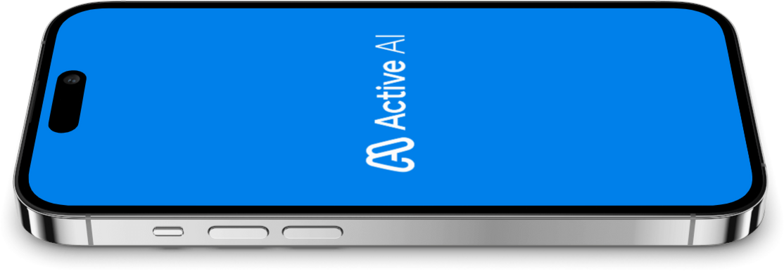 A silver iPhone displaying a blue screen with a white logo and text