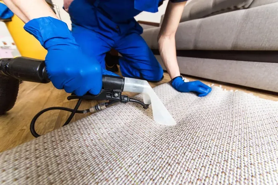 Person in Blue Overalls and Gloves Cleaning — Phil Lindfield's Big Red Carpet Cleaning In Wingham, NSW