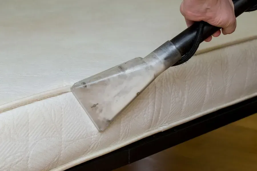 Person Vacuuming a Mattress With a Handheld Cleaner — Phil Lindfield's Big Red Carpet Cleaning In Harrington, NSW