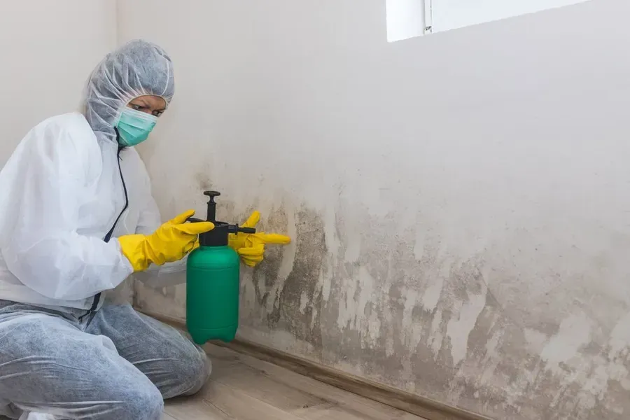 Person in Protective Suit Spraying a Wall With Mold — Phil Lindfield's Big Red Carpet Cleaning In Forster, NSW