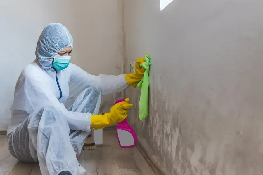 Person in Hazmat Suit Cleans Moldy Wall — Phil Lindfield's Big Red Carpet Cleaning In Wingham, NSW
