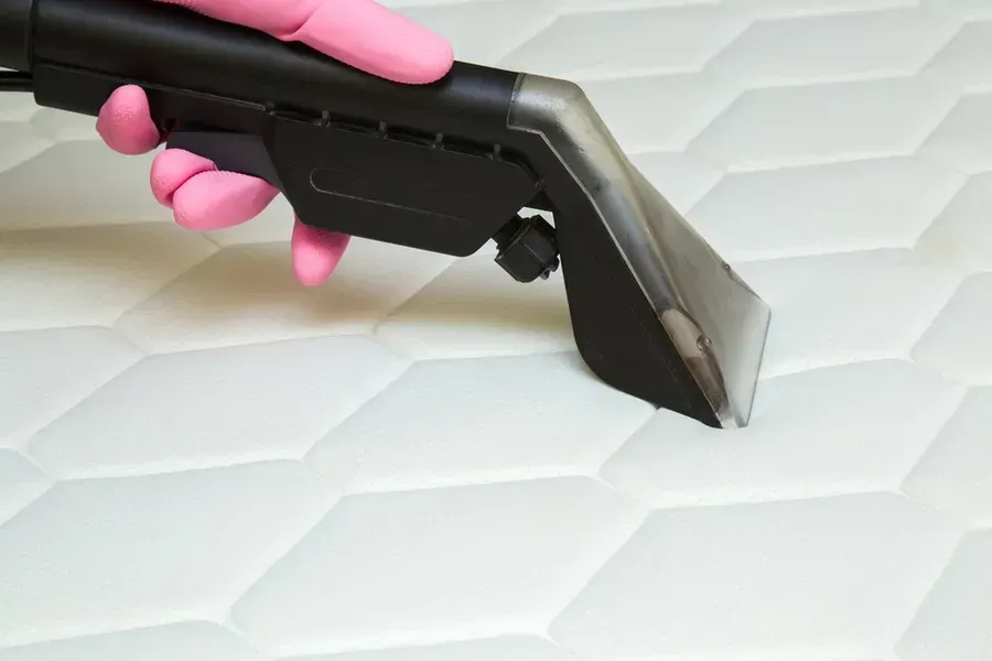 Person in Pink Glove Using a Vacuum to Clean a White Mattress — Phil Lindfield's Big Red Carpet Cleaning In Forster, NSW