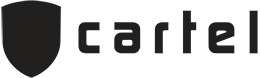a black and white logo for cartel works with a shield on a white background .