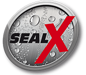 Circular metallic badge with water droplets displays bold text