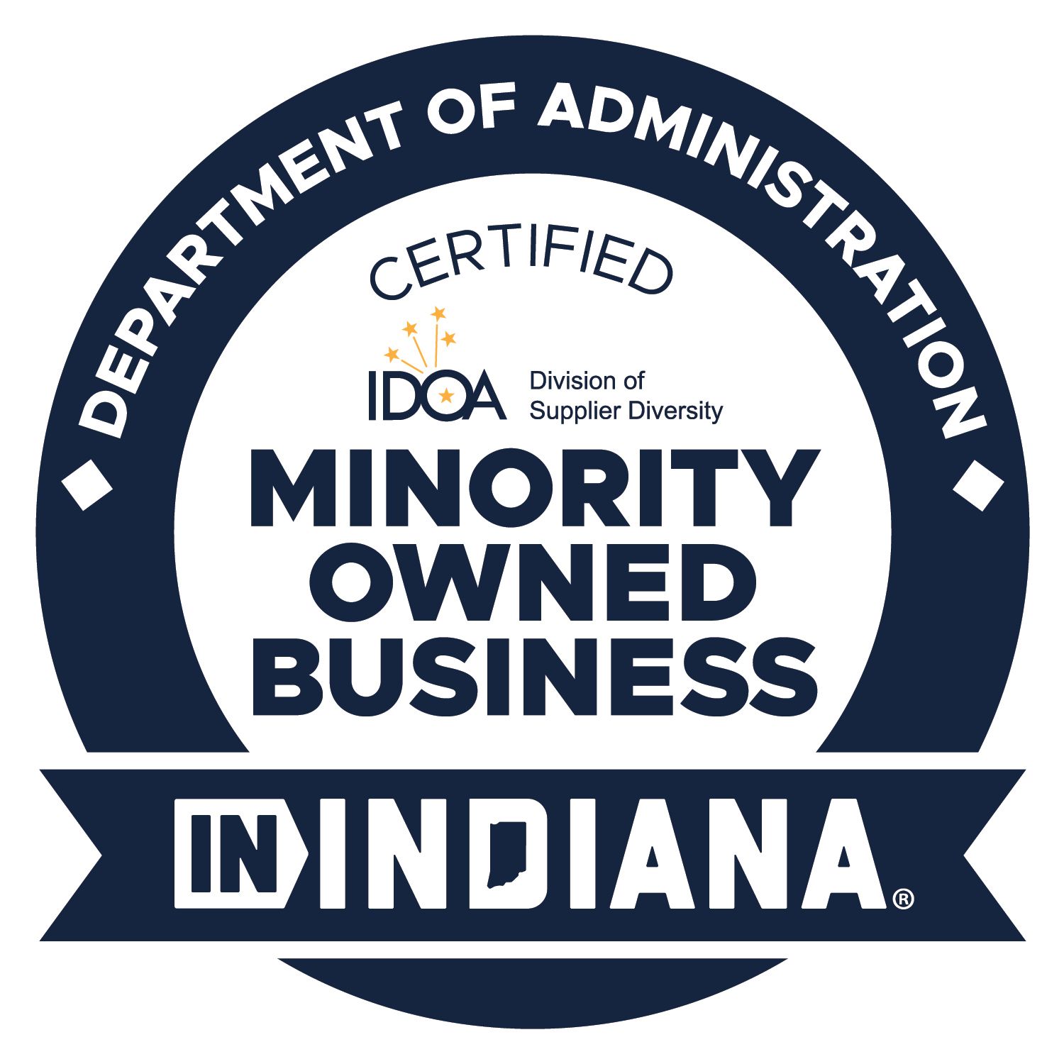 Indiana Department of Administration certified minority-owned business logo in navy, white, and gold.