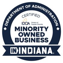 Indiana Department of Administration certified minority-owned business logo in navy, white, and gold.