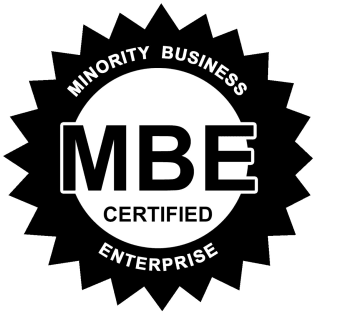 Black-and-white MBE Certified Minority Business Enterprise badge logo with bold “MBE” text.
