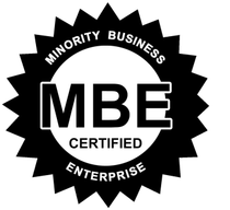 Black-and-white MBE Certified Minority Business Enterprise badge logo with bold “MBE” text.