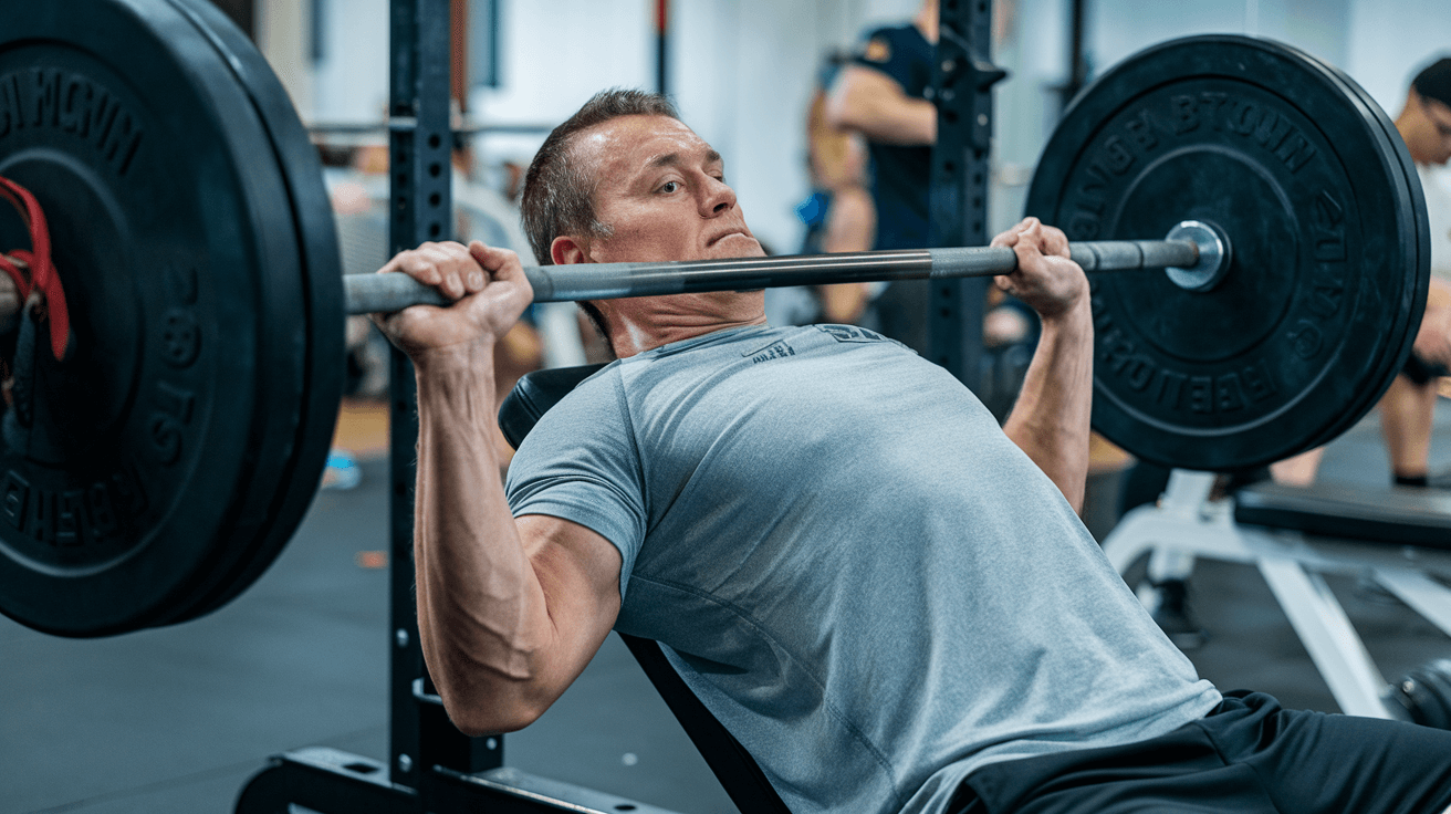 A man around the age of 40 building strength at the gym. He is bench-pressing a barbell. He is wearing a grey t-shirt and black shorts.