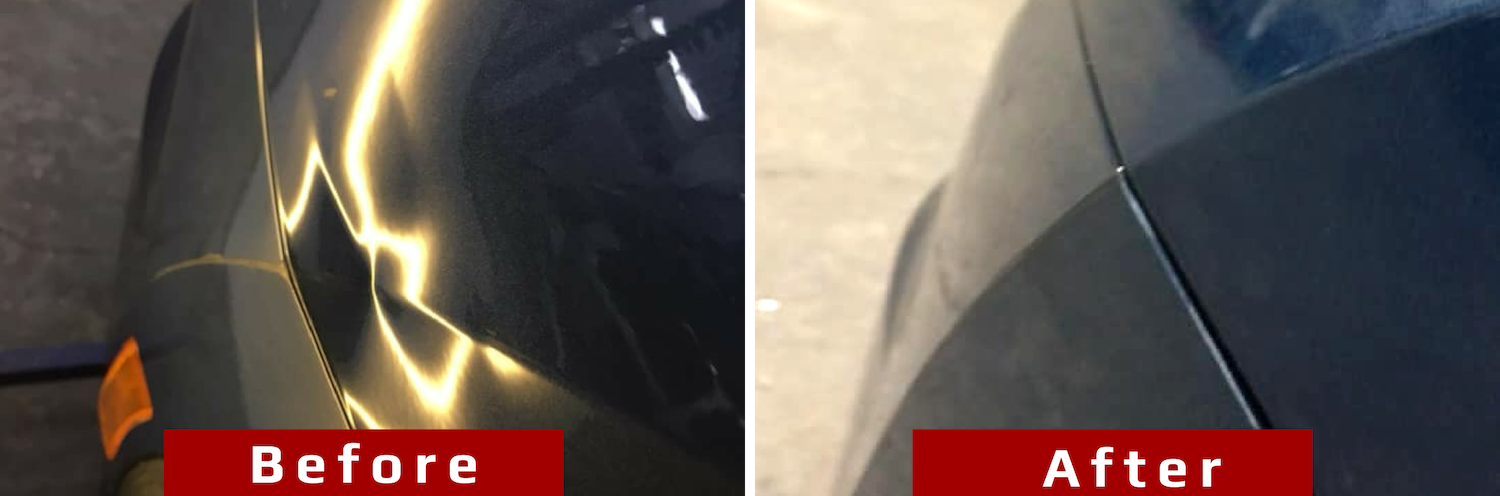 Before-and-after close-up of a dark car panel with a dent and repaired section