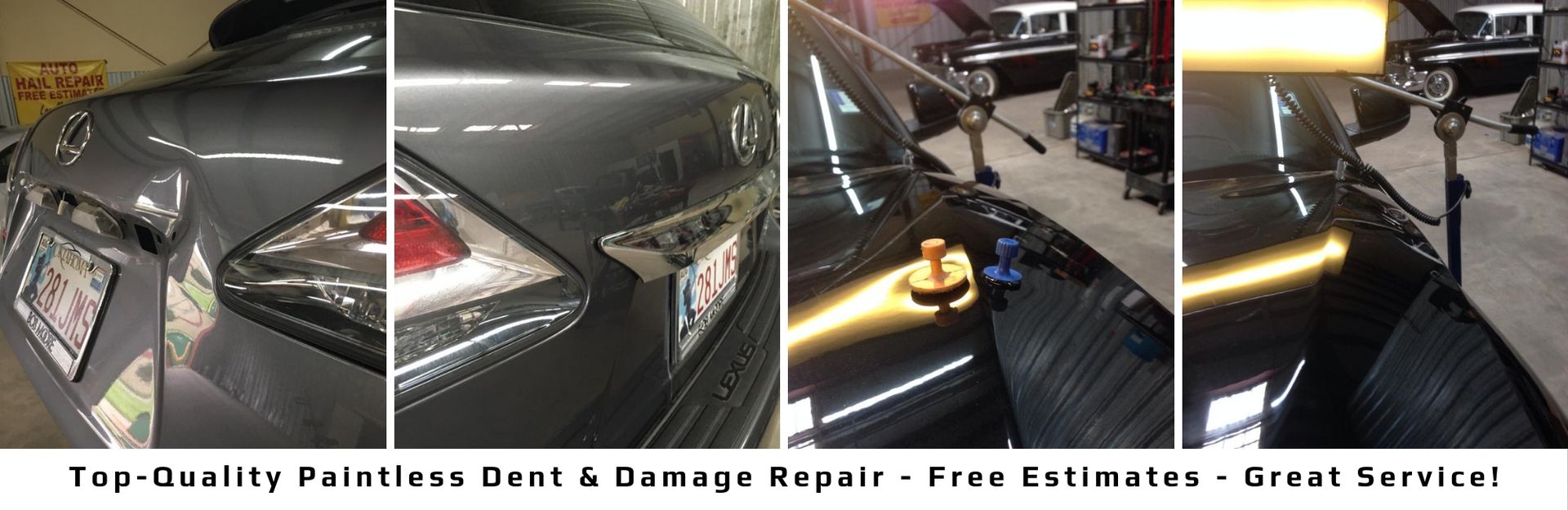 Black car rear and side damage shown in a collage, with towing or repair equipment visible.