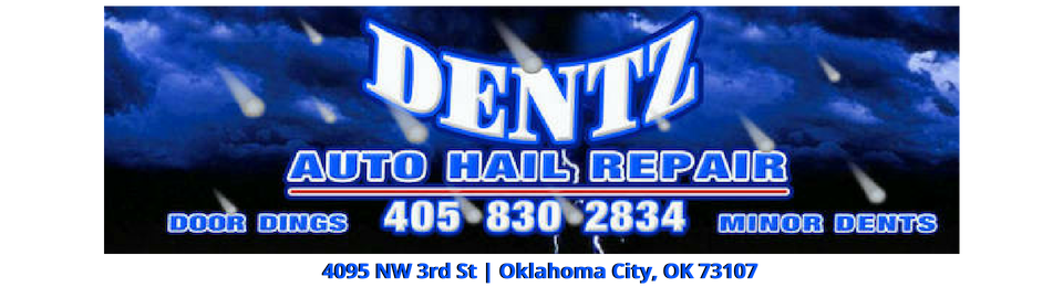 Blue “Dent4 Auto Hail Repair” banner with phone number and website on a cloudy background