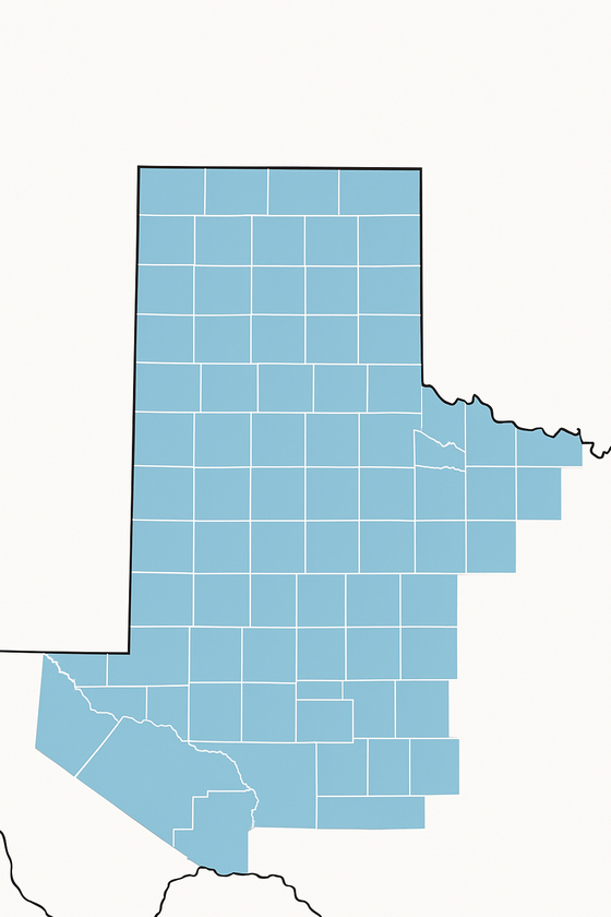 Blue map of a U.S. state with county boundaries highlighted on a white background