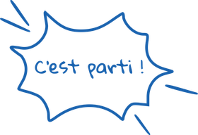 bulle bleue avec texte police manuscrite bleue c'est parti