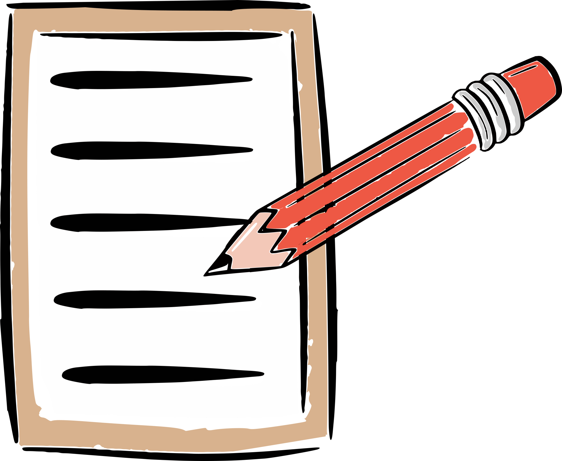 dessin représentant la rédaction d'une page avec les lignes d'écriture noires et crayon rouge pointant vers le document