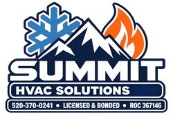 Summit HVAC Solutions logo with mountain, snowflake, and flame icons; phone and license details below