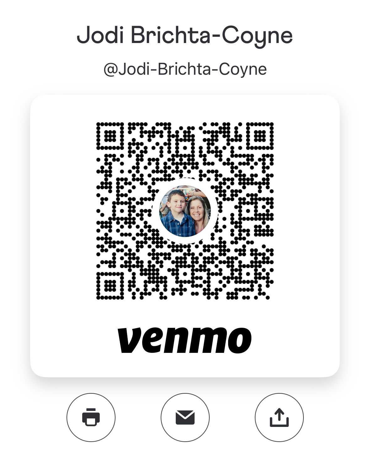 Venmo QR code for Jodi Brichta-Coyne, with a photo of a couple in the center.