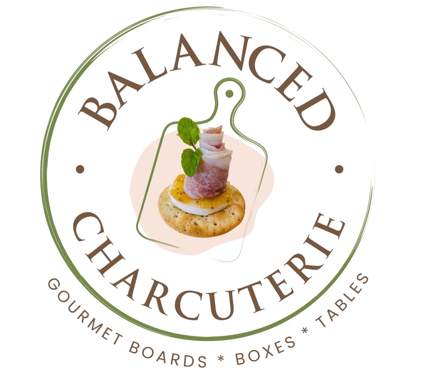 Logo for Balanced Charcuterie: A circular design with text and a small cutting board with food on a cracker.