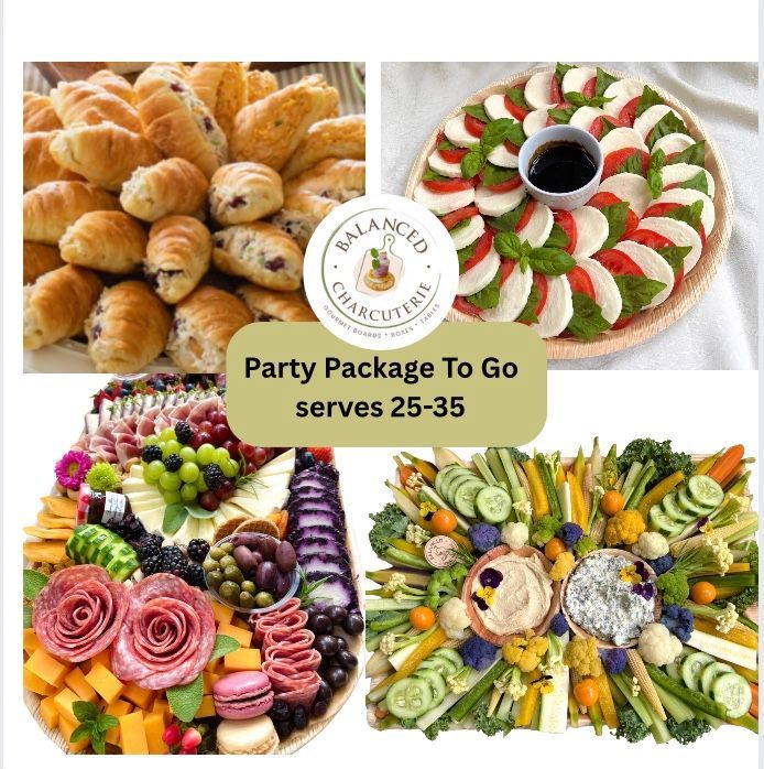 Party Package To Go: Charcuterie boards, Caprese salad, mini croissants and vegetable platters for 25-35 people.