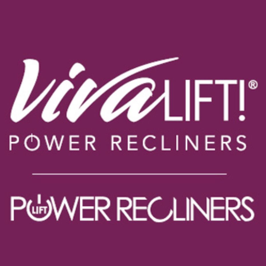 A logo for viva lift power recliners on a purple background