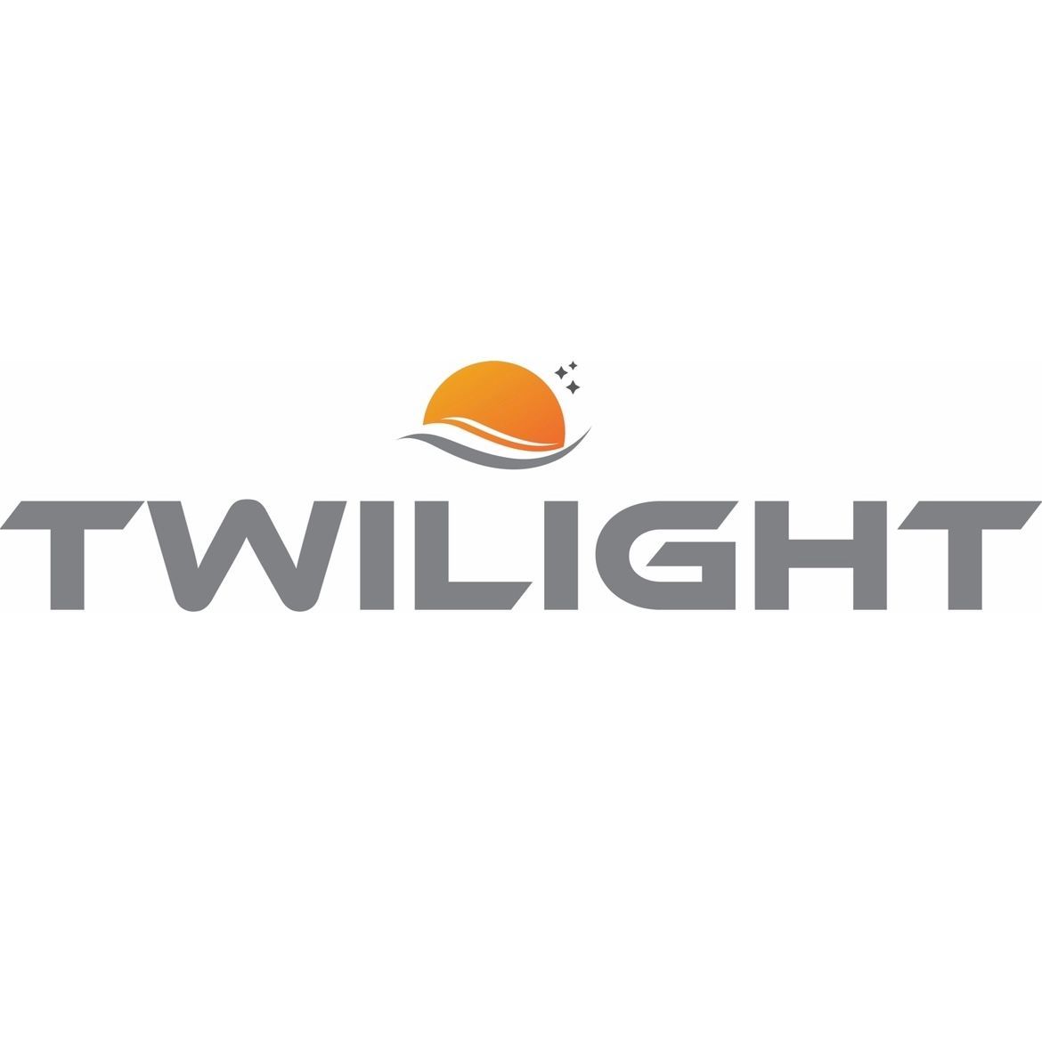The twilight logo is a gray and orange logo with a sun in the middle.