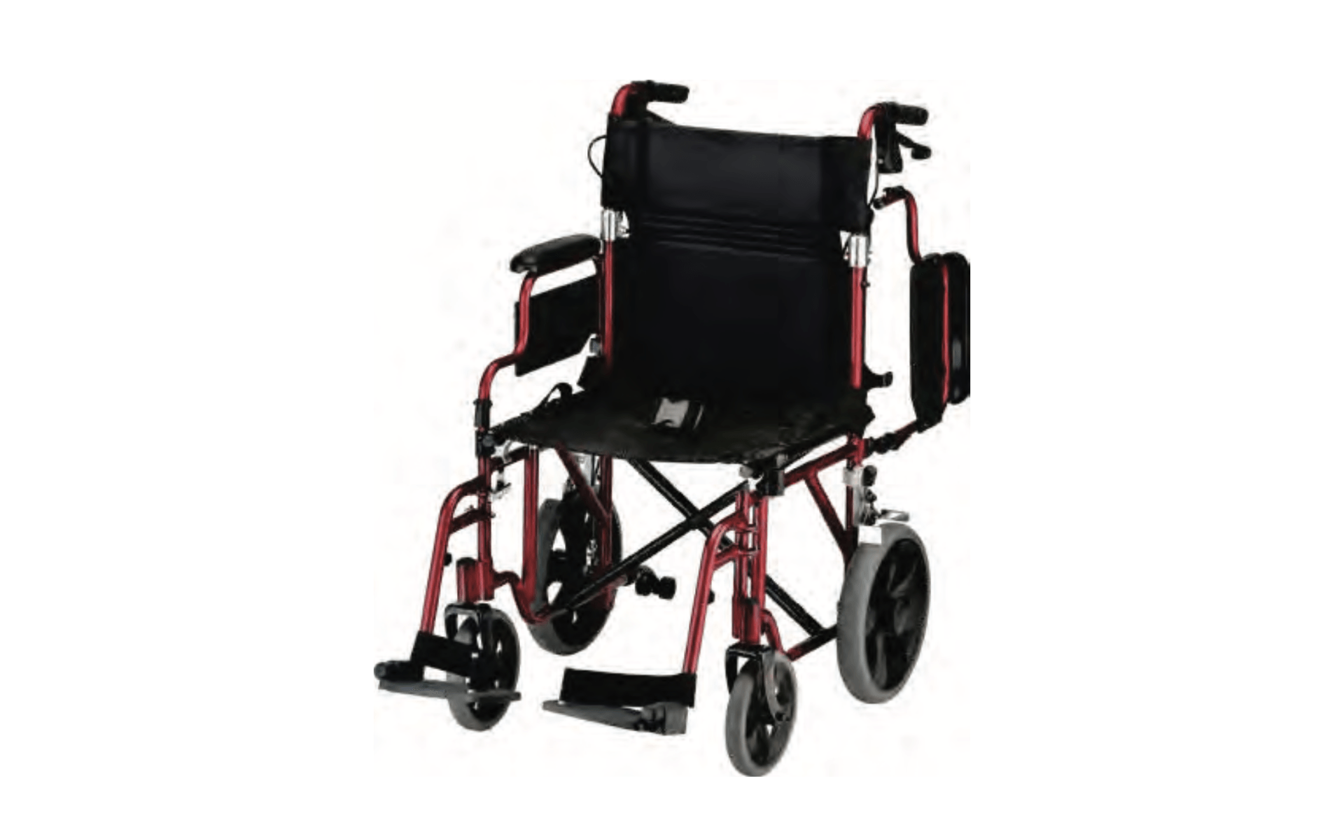 A red and black wheelchair is sitting on a white surface.