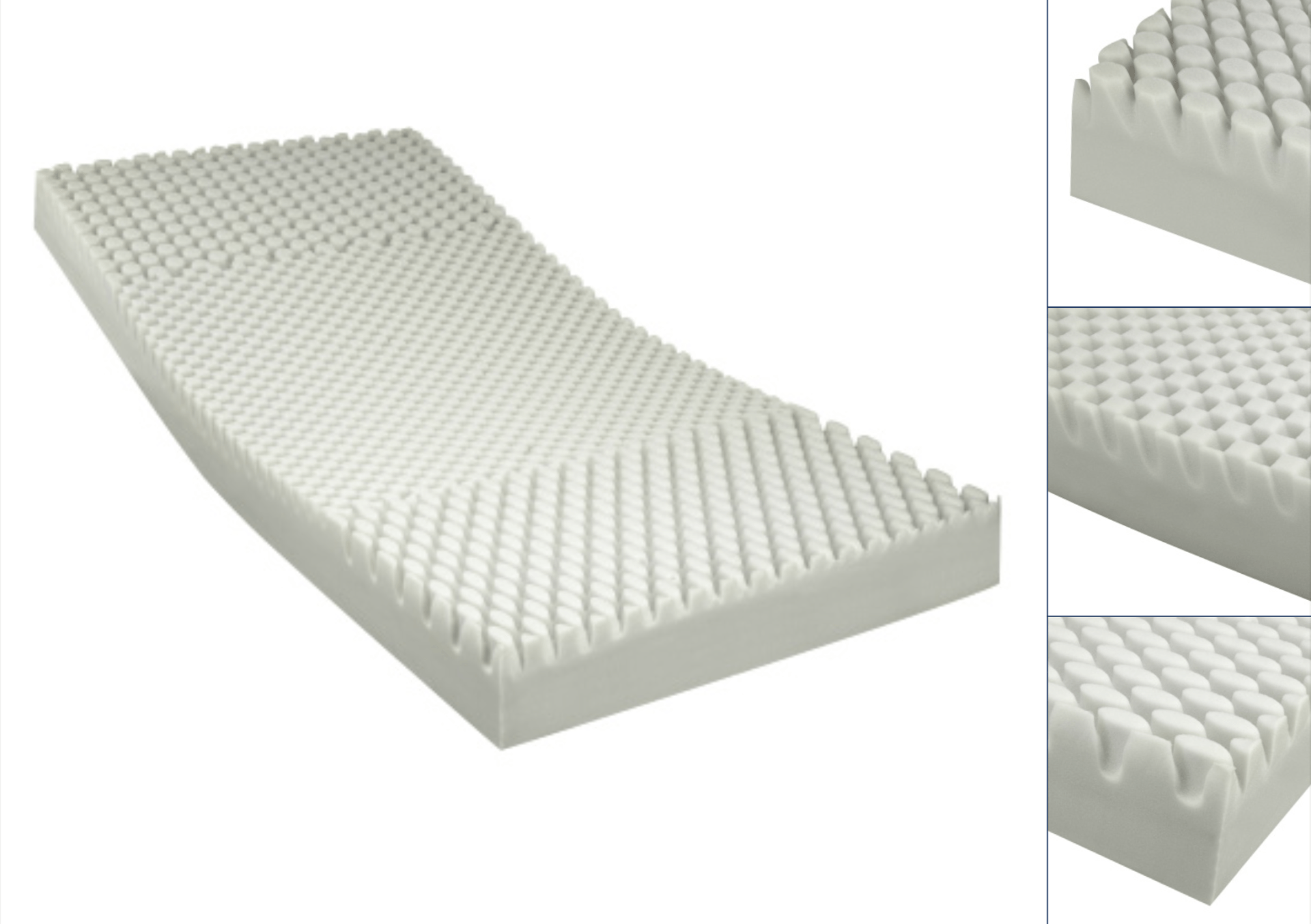 Three different views of a white foam mattress on a white background