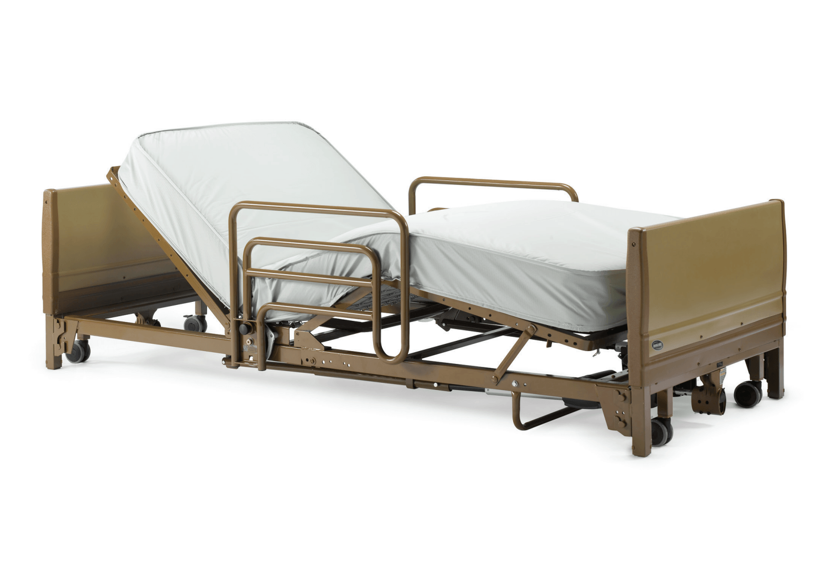 A hospital bed with a mattress and a railing on a white background.