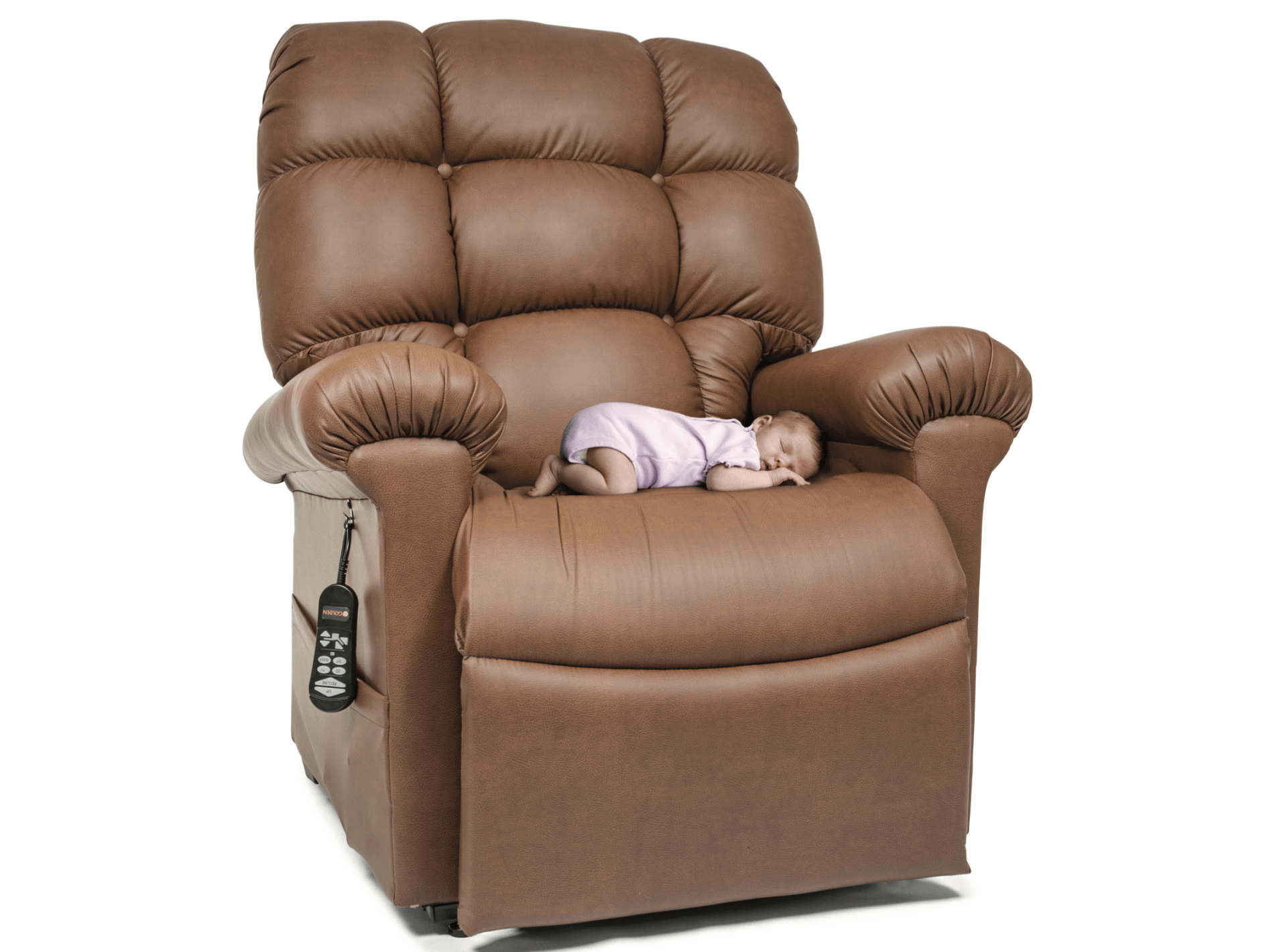 A baby is laying in a brown recliner with a remote control