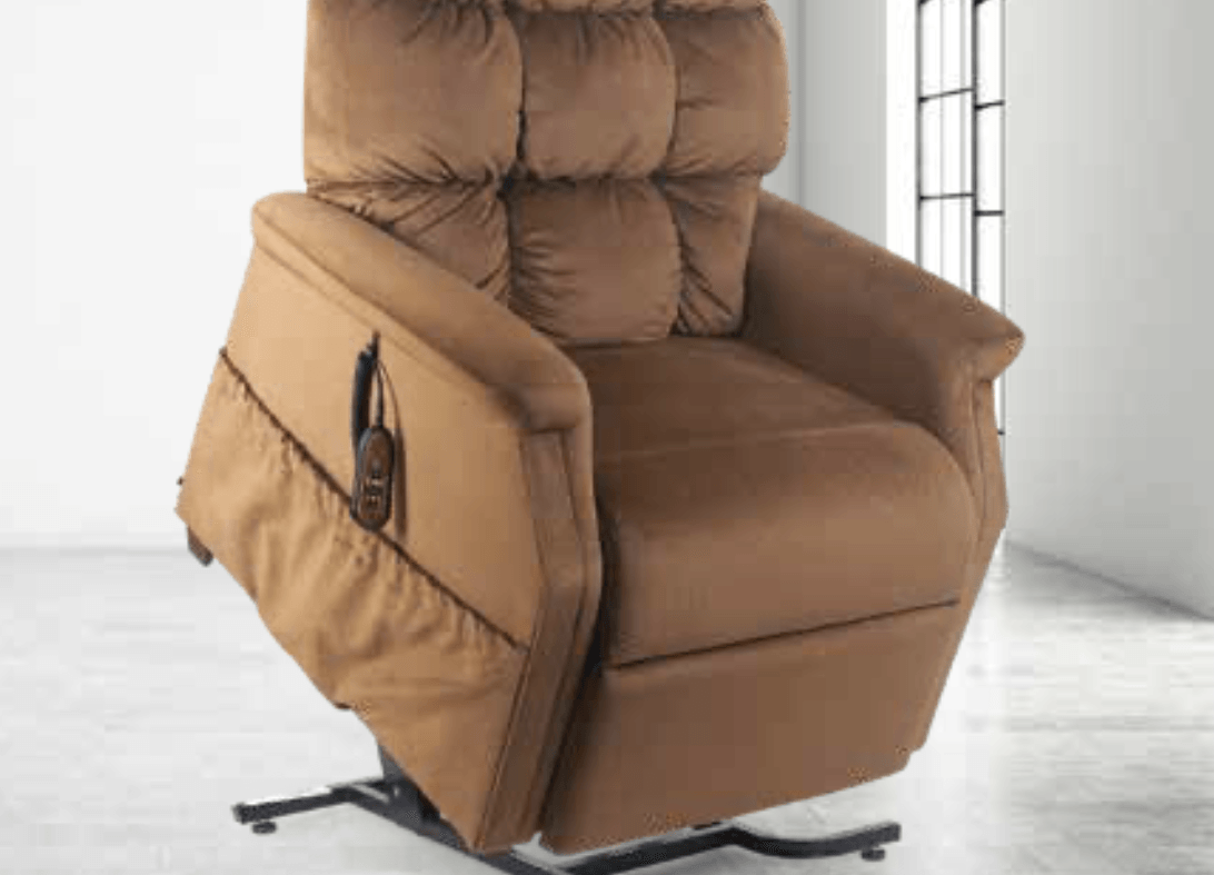A brown recliner is sitting in a room next to a window.