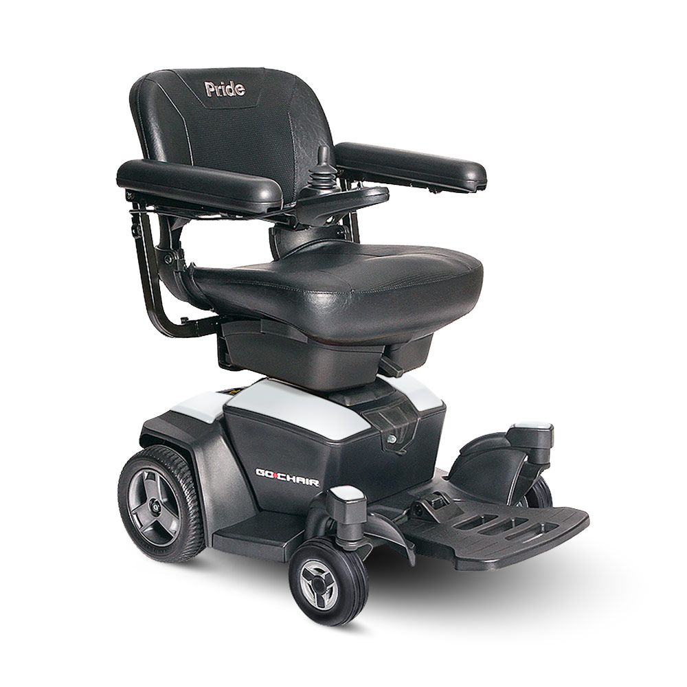 A black and white electric wheelchair on a white background.