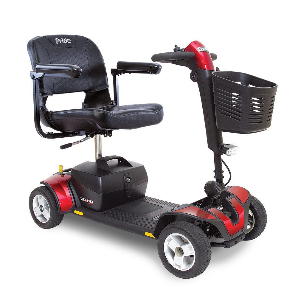 A red and black mobility scooter with a basket on the front.