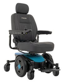A black and blue electric wheelchair on a white background.