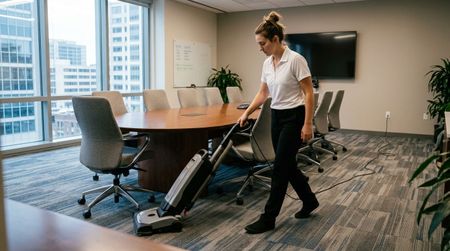 Professional cleaner vacuuming carpet in conference room with commercial vacuum, Inver Grove Heights, MN.