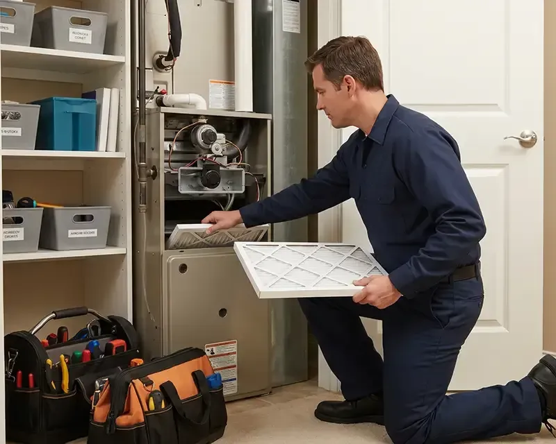 Technician kneels beside a furnace, replacing a filter in a home utility room.
