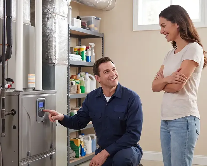 Technician inspecting a furnace while a homeowner watches in a utility room.