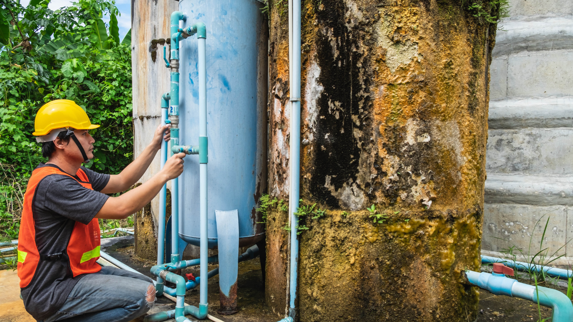 Worker in yellow hard hat inspecting blue pipes beside a weathered concrete wall