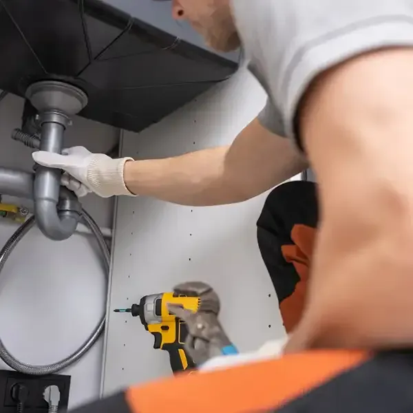 Person repairing under-sink plumbing with a drill in a gray cabinet