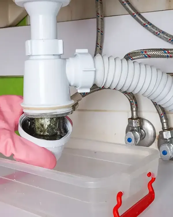 Hand under a bathroom sink, removing debris from the drain trap into a plastic bin