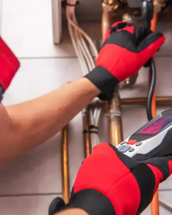Gloved hands using a wrench to tighten copper plumbing pipes under a sink