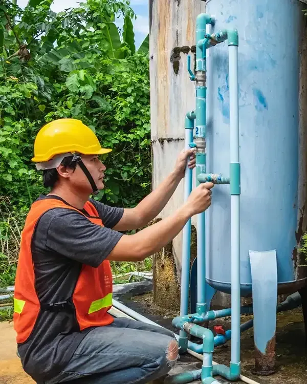 Worker in yellow hard hat inspecting blue pipes beside a weathered concrete wall