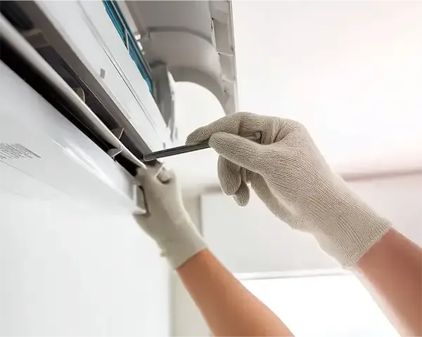 Gloved hands cleaning an air conditioner vent with a screwdriver and cloth