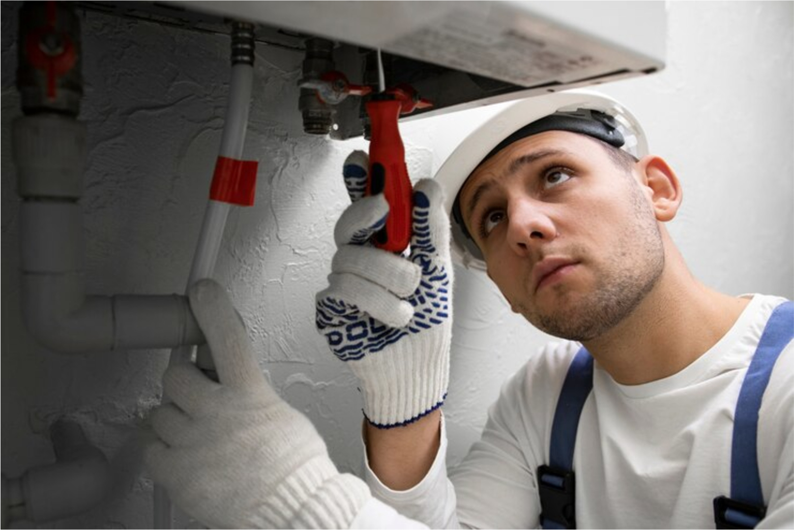 Technician inspecting plumbing under a sink, wearing gloves and a hard hat.