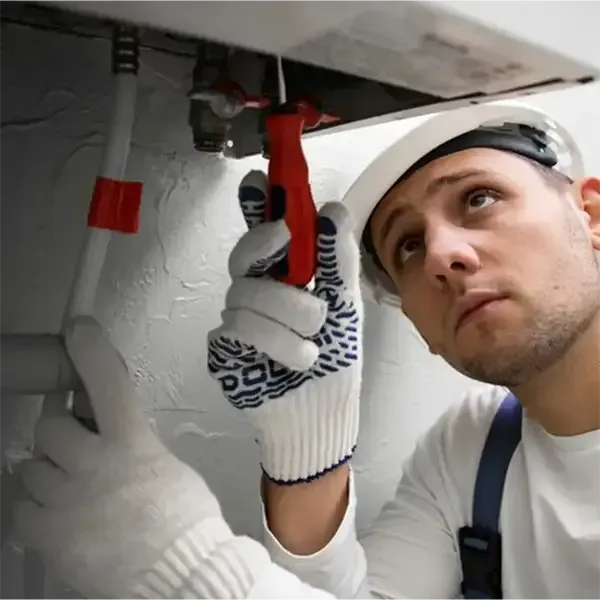 Technician inspecting plumbing under a sink, wearing gloves and a hard hat.